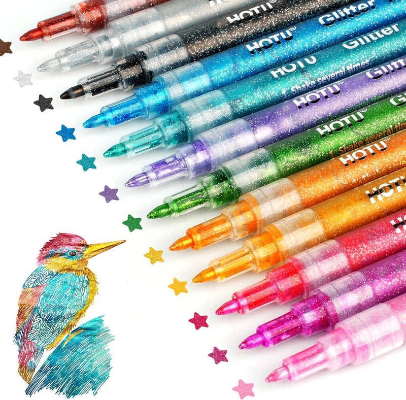 HOTU Glitter Markers Pen, 12 Glitter Colors Paint Pens Sparkly Metallic Shimmer Acrylic Marker Fine Point Tip 0.7mm Water-based Ink for Adults DIY Crafts Greeting Birthday Cards - Image 1